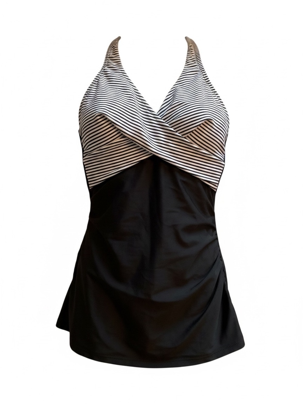 Tempt Me Striped Black & White V-Neck Tankini Swim Top Size Small